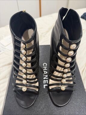 CHANEL Black Strappy Leather Pearl-Button High Heel Sandals